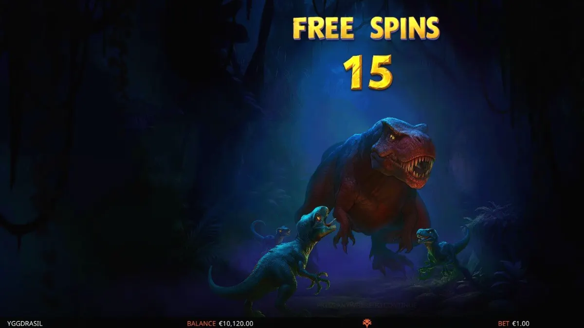 Tampilan visual slot Raptor 2 DoubleMax dengan tema hutan prasejarah dan simbol dinosaurus.
