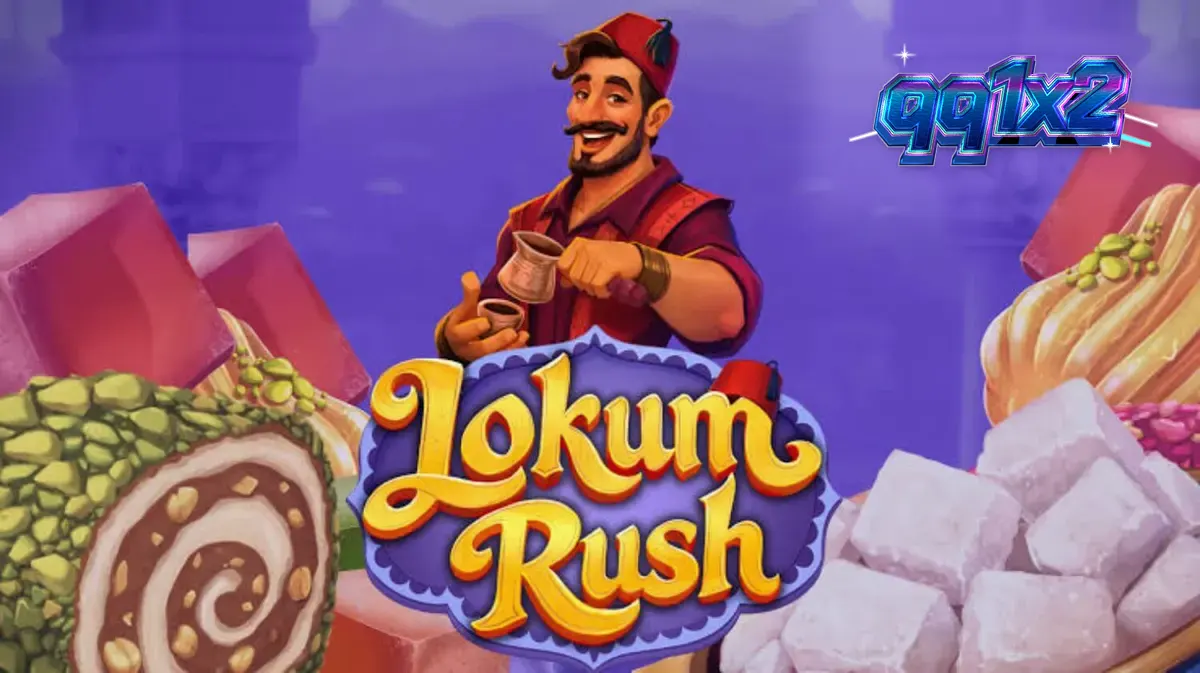 Tampilan visual slot Lokum Rush dengan tema toko permen Turki yang penuh warna